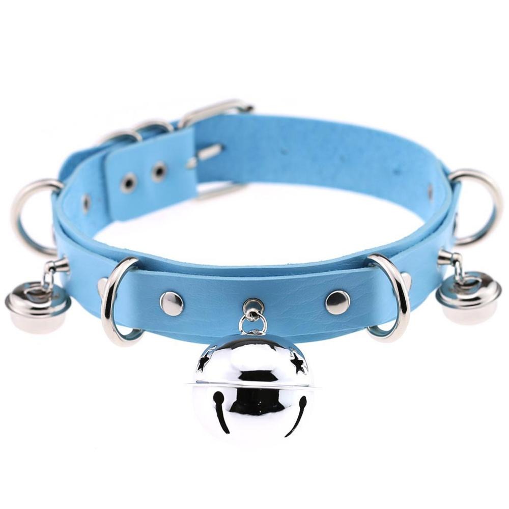 PU leather gothic choker in blue with silver bells and rivets, adjustable unisex design perfect for trendy outfits.