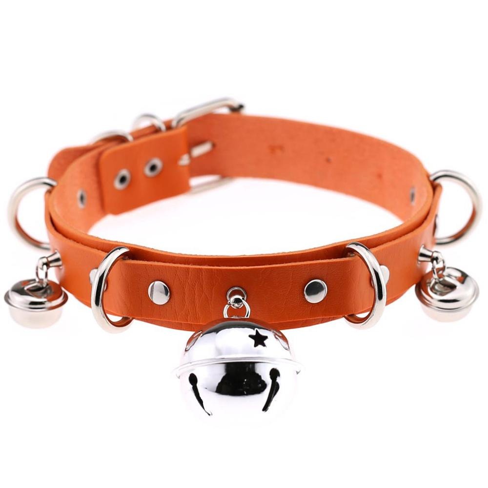 PU leather Gothic choker in orange with silver bells and rivets, adjustable unisex design for trendy outfits.