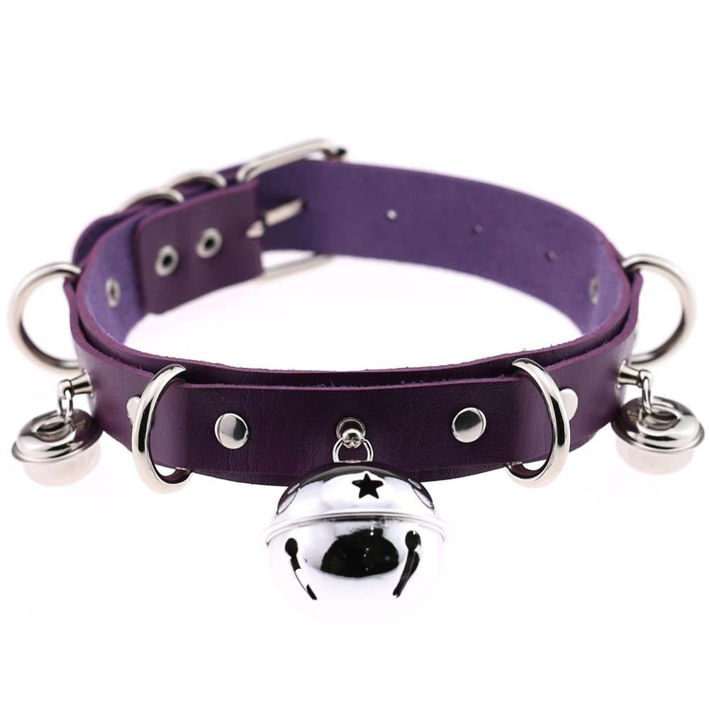Purple PU leather gothic choker with bells and rivets, adjustable unisex necklace for trendy outfits.