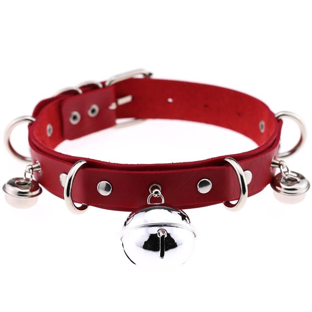 Red PU leather gothic choker with silver bells and rivets, unisex and adjustable for trendy style.