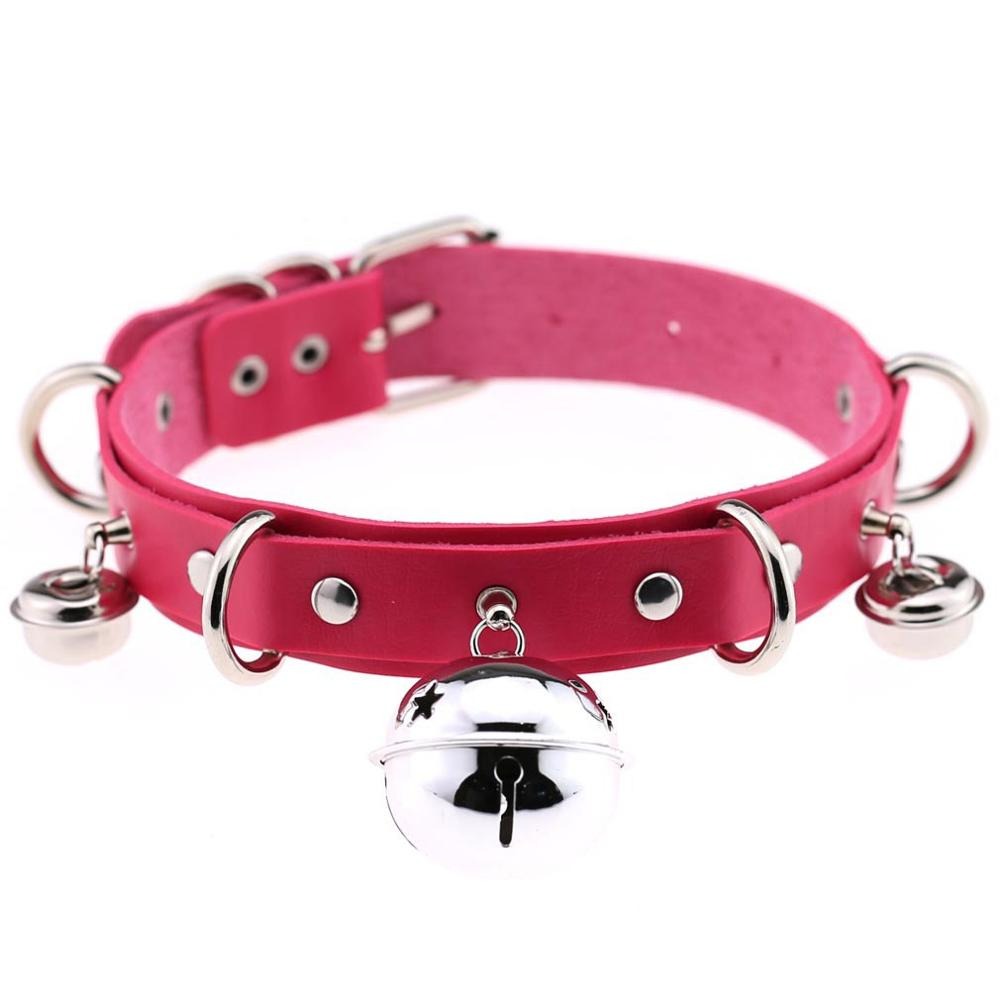 PU leather pink gothic choker with silver bells and rivets, unisex adjustable necklace for trendy outfits.