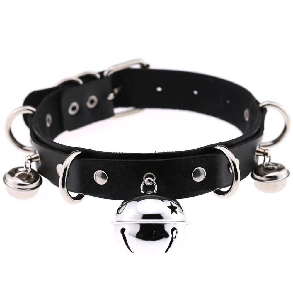 PU leather gothic choker with bells and rivets, adjustable unisex necklace for trendy outfits.