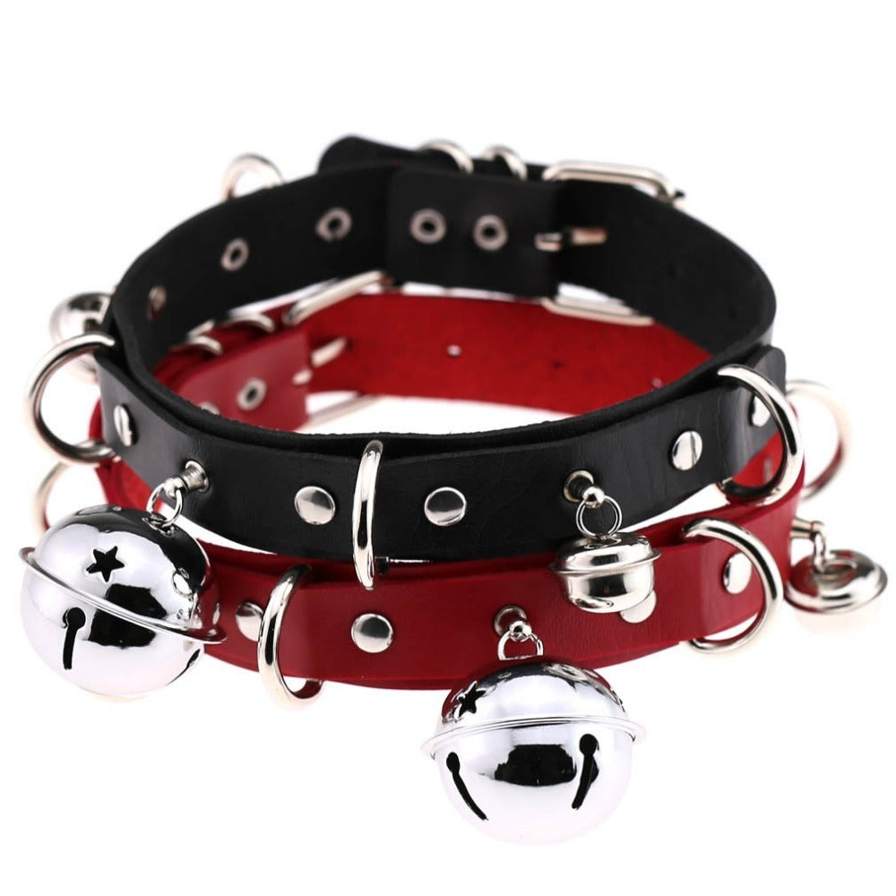 PU leather gothic choker set in black and red, featuring bells and rivets for a trendy, edgy style.