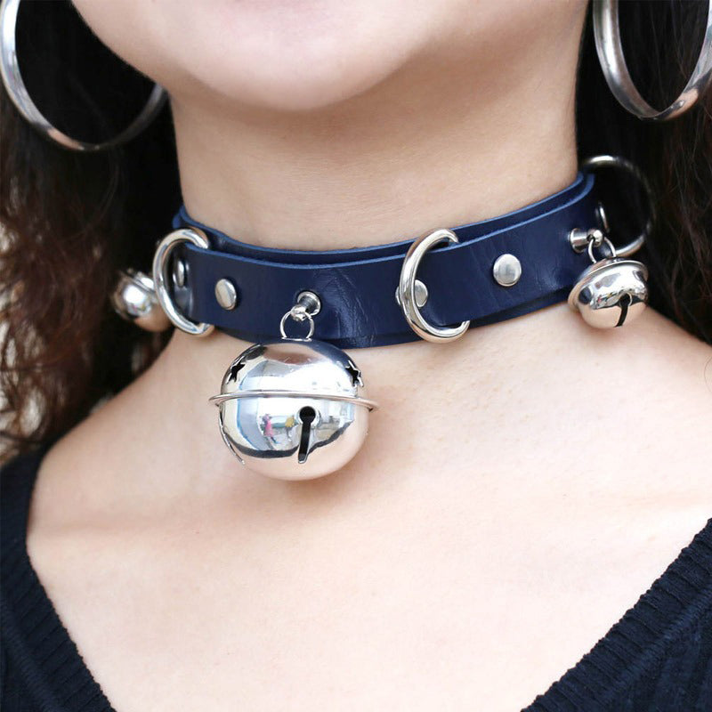 PU leather gothic choker with silver bells and rivets, perfect for unisex gothic fashion and trendy outfits.