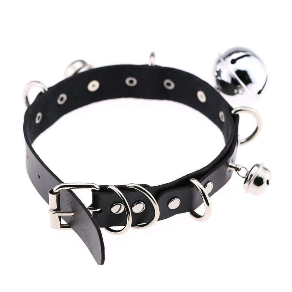 PU leather gothic choker with bells and rivets, stylish adjustable unisex accessory for bold fashion lovers.