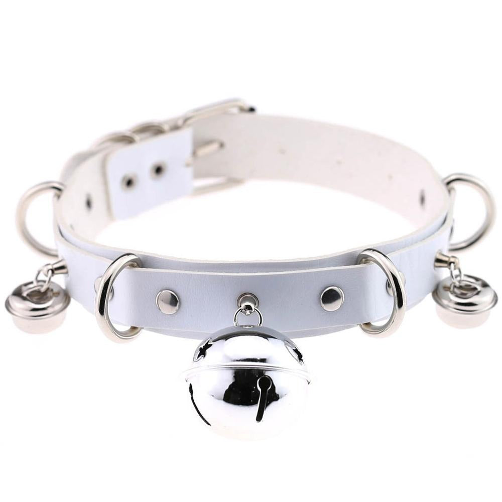 PU leather gothic choker with silver bells and rivets, unisex adjustable accessory for trendy fashion.