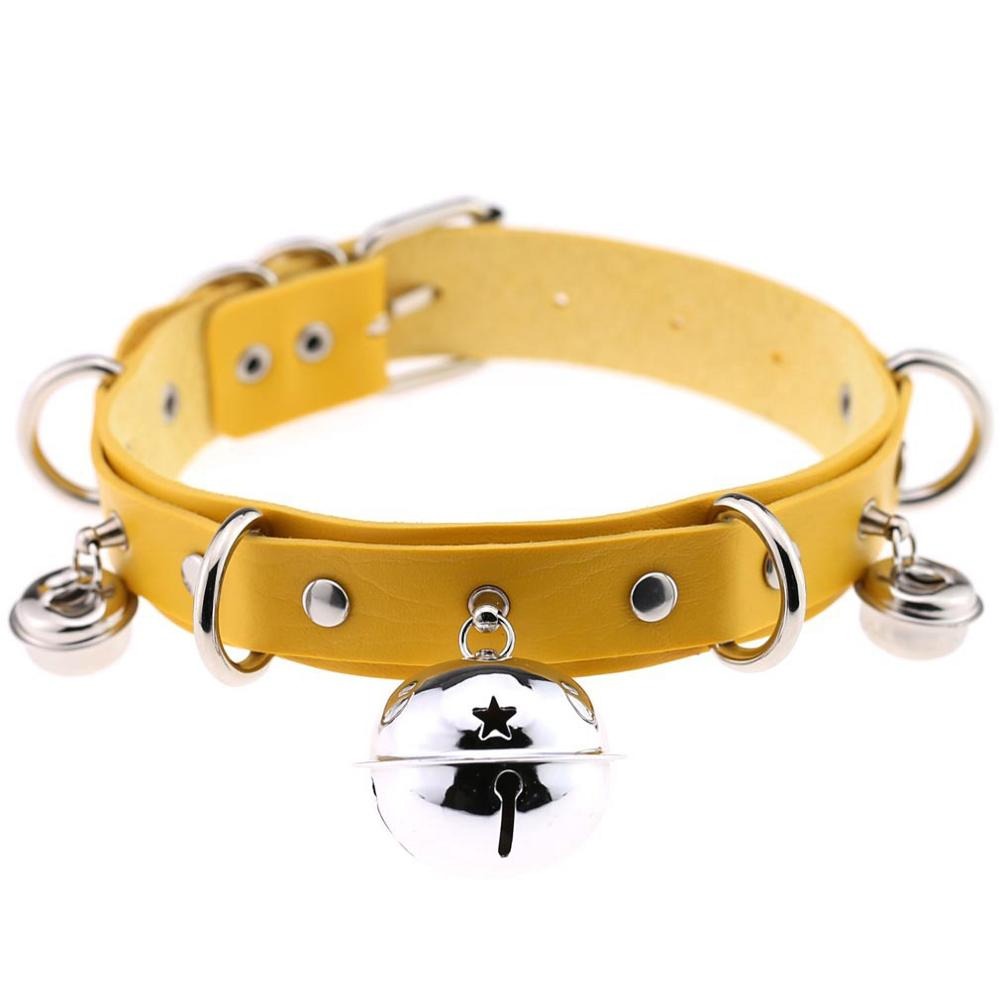 PU leather gothic choker with bells and rivets, adjustable unisex necklace for trendy outfits, perfect gift idea.