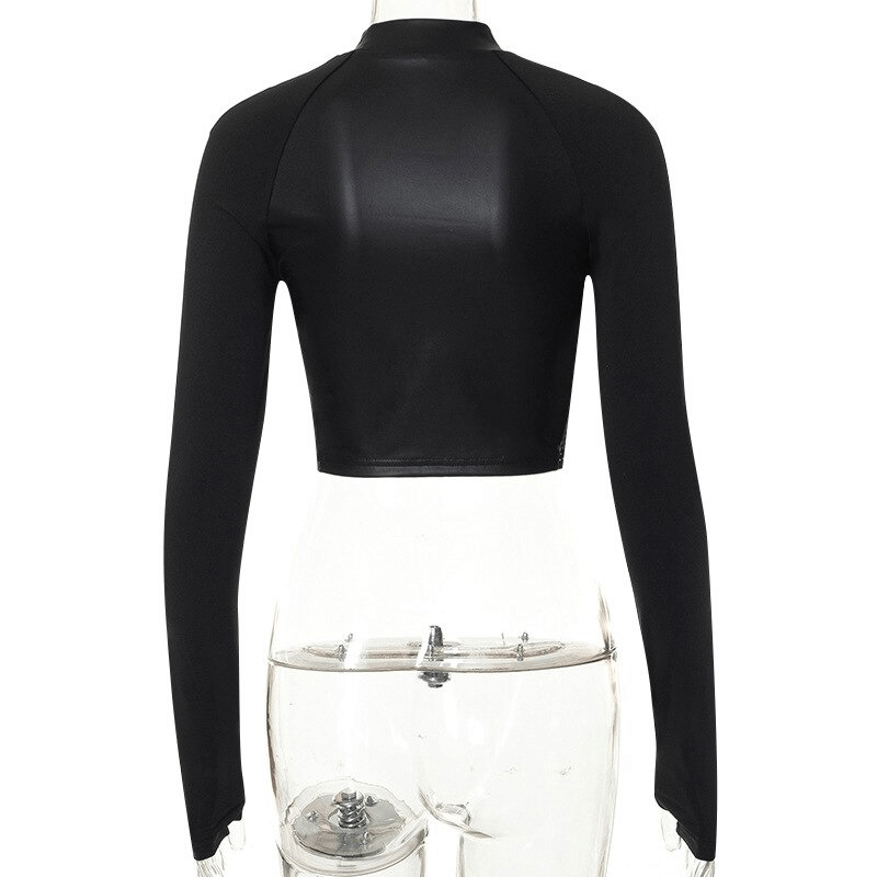 PU Leather Skinny Black Crop Tops / Long Sleeves Patchwork Clothes For Women