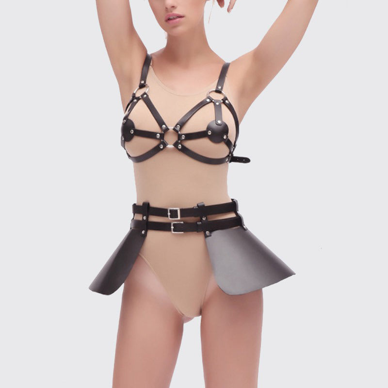 PU Leather Skirt 2Pcs Set / Women Garters / Sexy Gothic Body Harness / Wrist Belt Bra Bondage - HARD'N'HEAVY