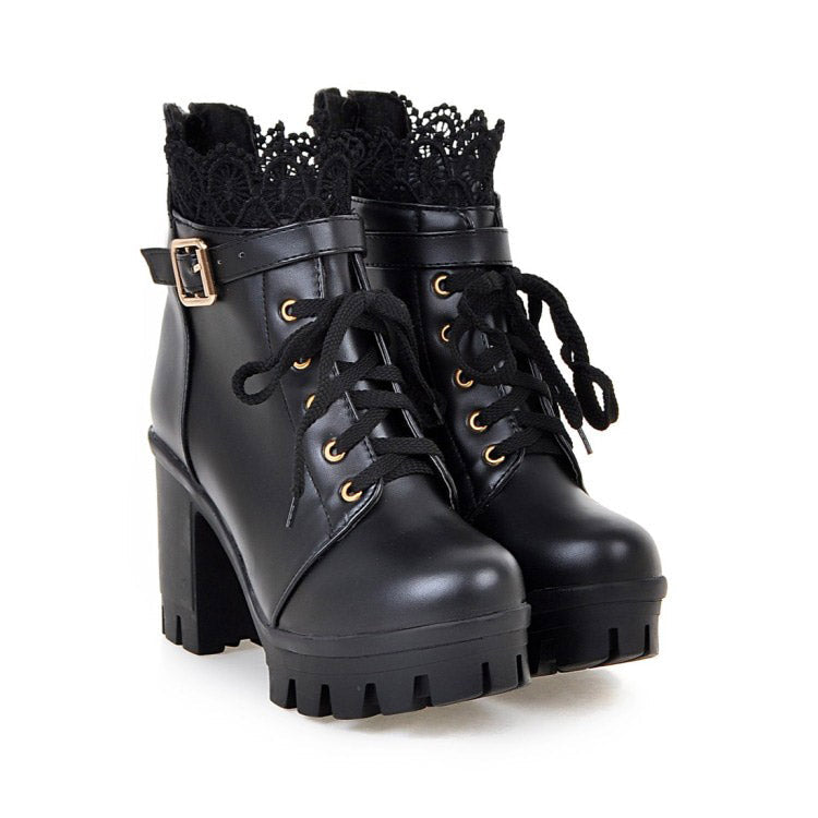 Stylish black PU leather gothic platform ankle boots with lace trim, metal buckles, and lace-up design.
