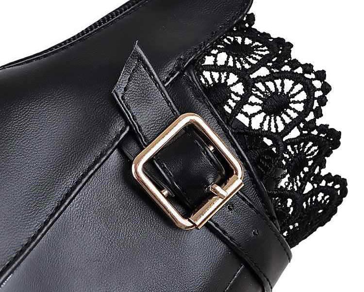 Close-up of black PU leather boot featuring lace detail and metal buckle for gothic style.