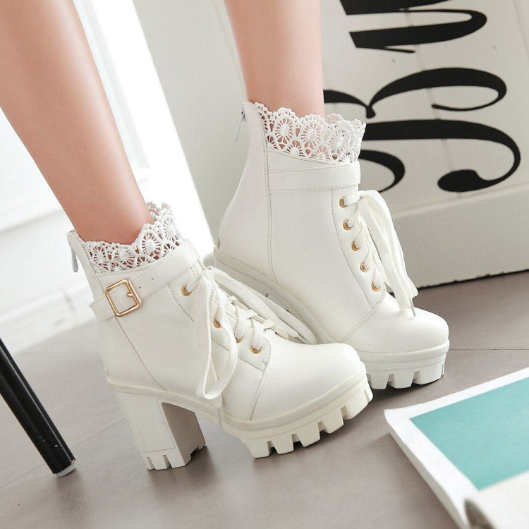 White gothic lace-up ankle boots with chunky heels and decorative lace for women, perfect for winter outfits.