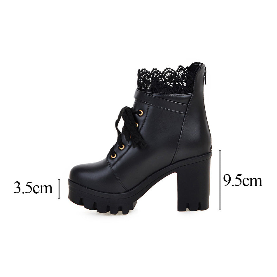 Gothic style women's black lace-up boots with chunky heel, featuring decorative lace and back zipper, ideal for winter outfits.