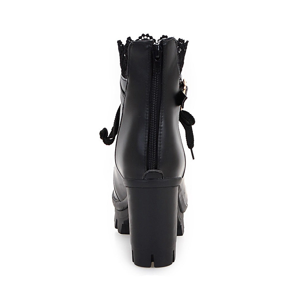 Back view of black PU leather gothic ankle boots with lace and zipper, perfect for stylish winter outfits.