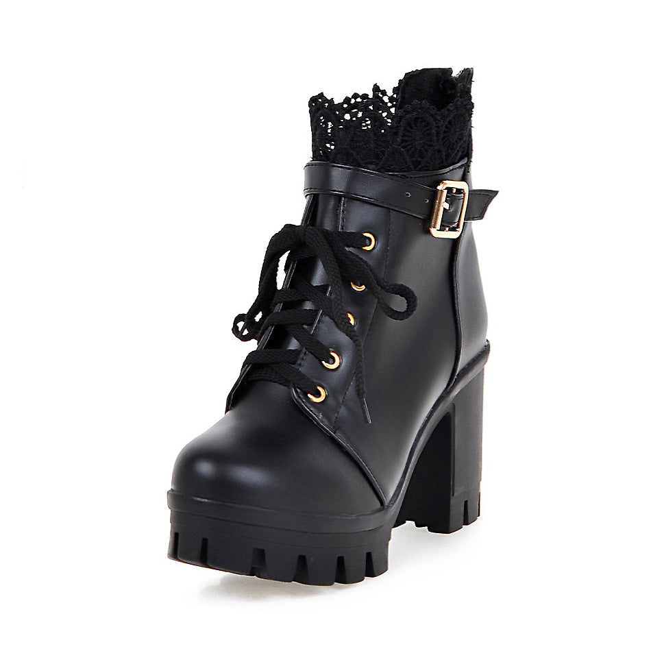 Black PU leather lace-up women's gothic ankle boots with platform heels and lace detailing.