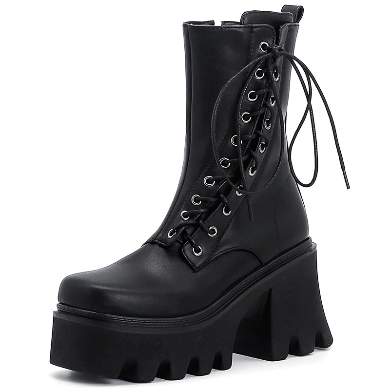 Stylish black PU leather women's ankle boots with lace-up design and chunky soles for a gothic fashion statement.