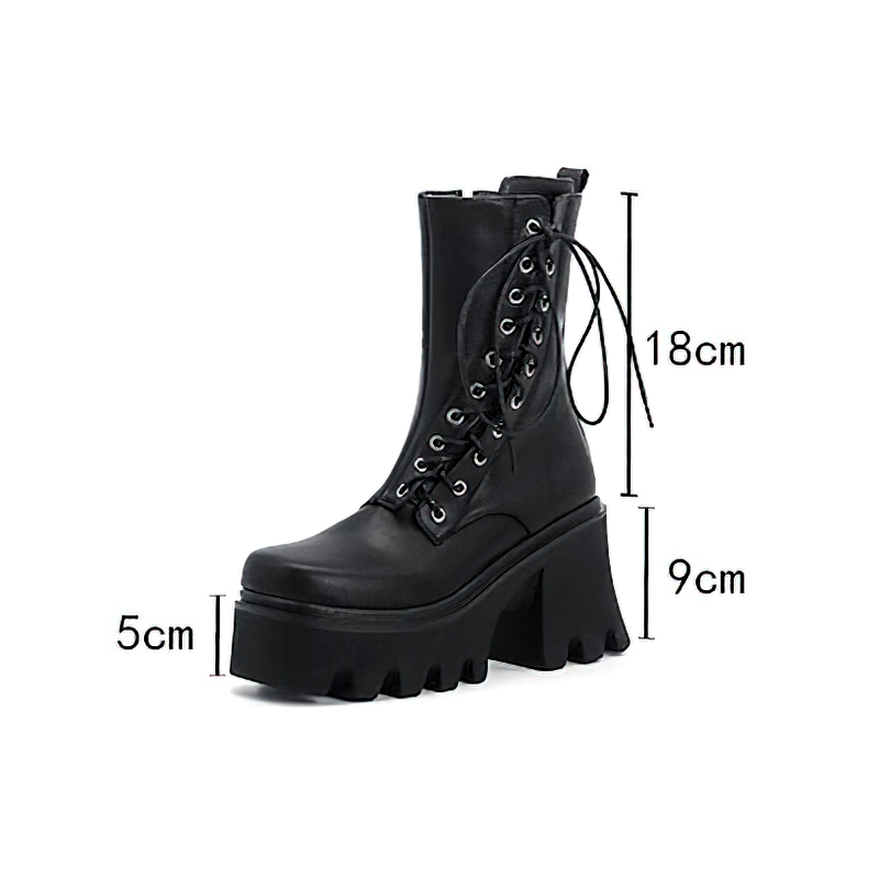 Stylish women's black PU leather lace-up ankle boots with chunky heels and bold design for a gothic look.