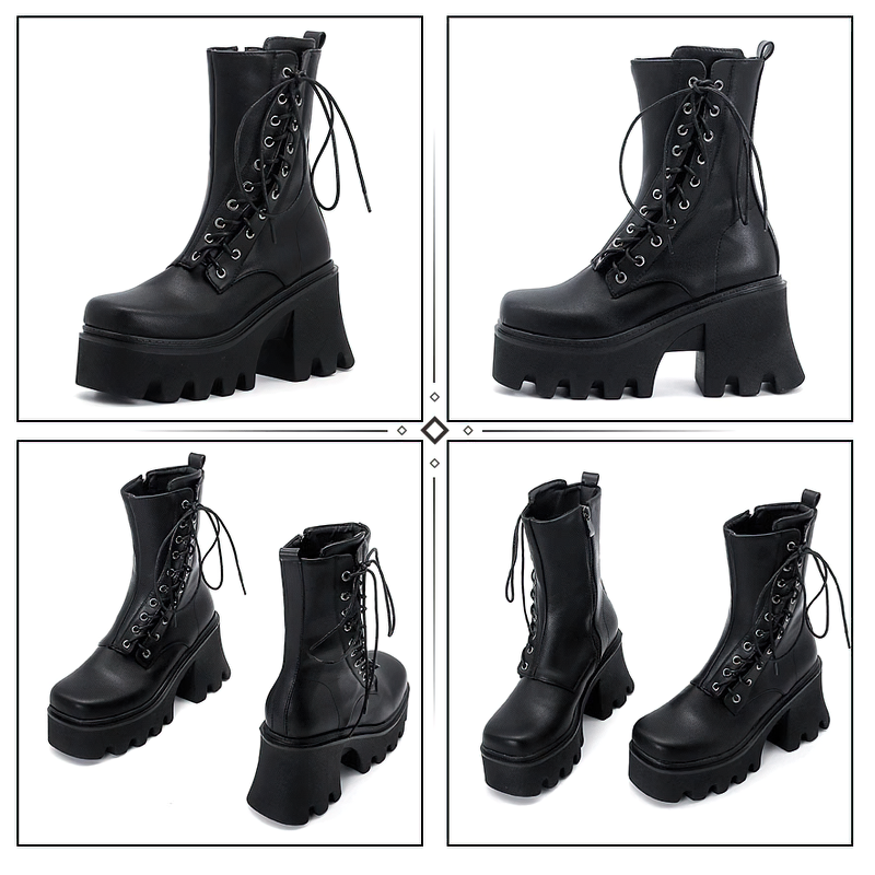 Stylish gothic black PU leather women's lace-up ankle boots with chunky high tractor soles.