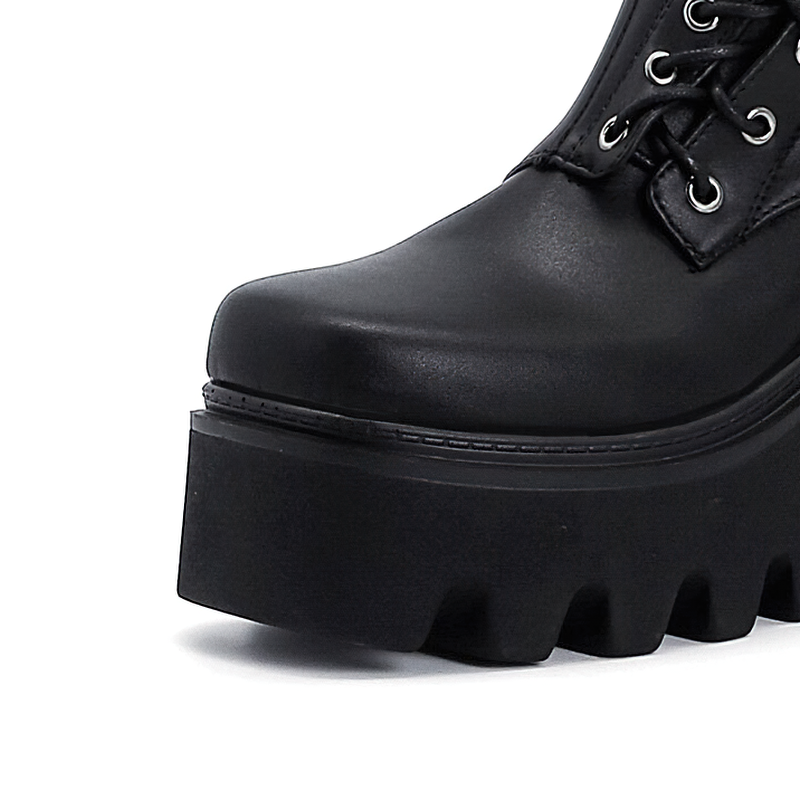 Stylish black PU leather women's ankle boots with lace-up detail and high tractor soles, ideal for gothic fashion.