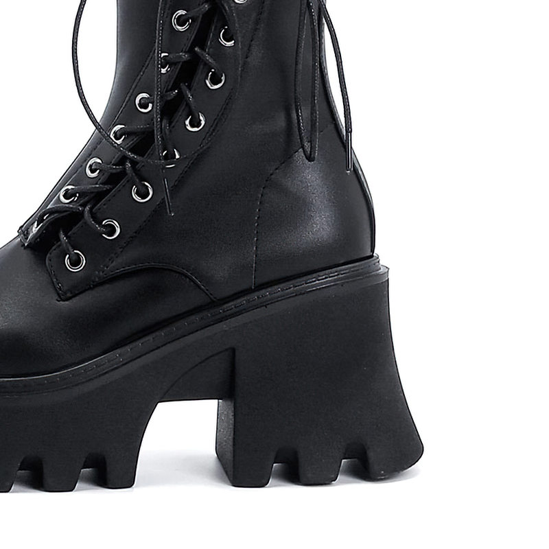 Stylish black PU leather women's ankle boots with lace-up design and high tractor soles.