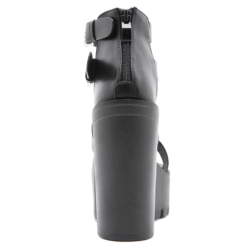 Back view of stylish women's high heel black PU leather sandals with chunky platform design.