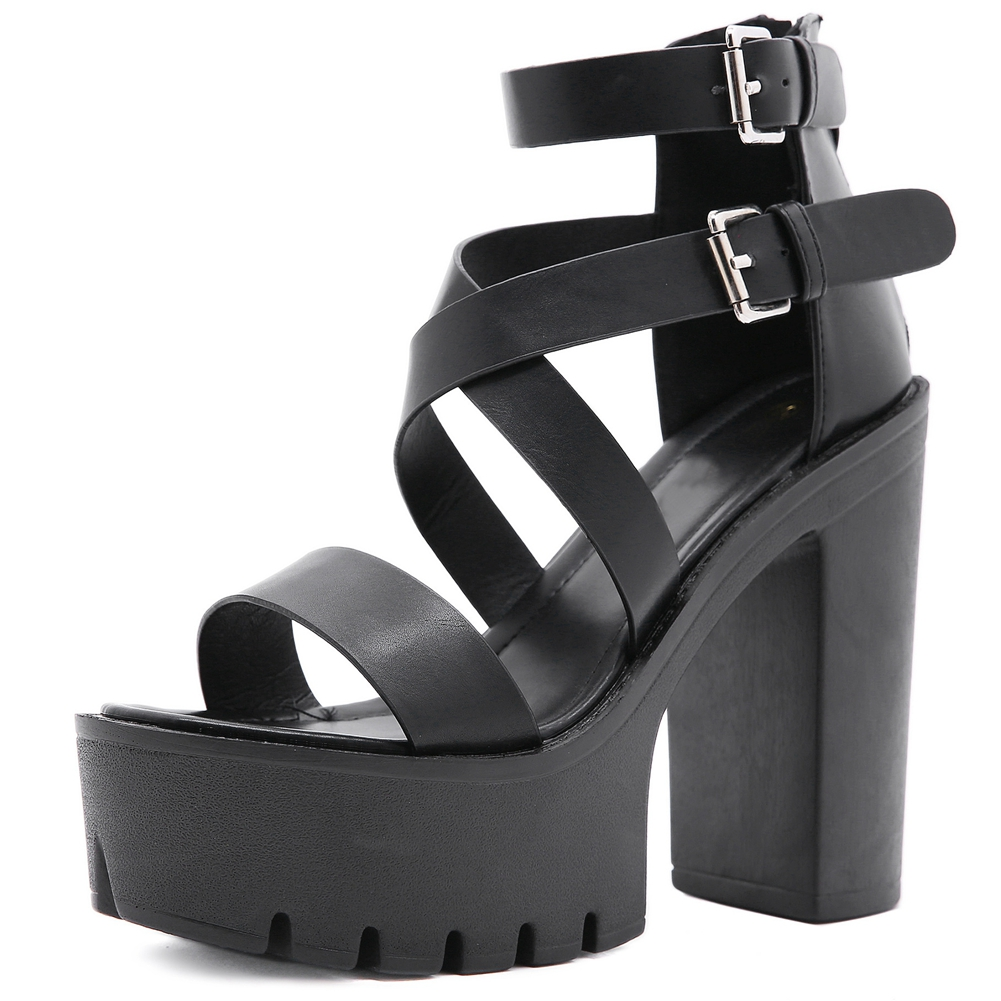 Black PU leather women's high heel sandals with stylish straps and chunky platform design.