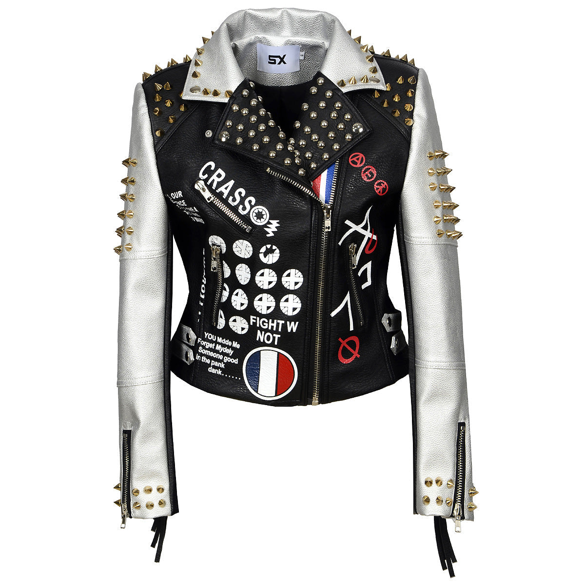 Stylish PU leather women's biker jacket with rivets and graffiti print, perfect for concerts and riding.