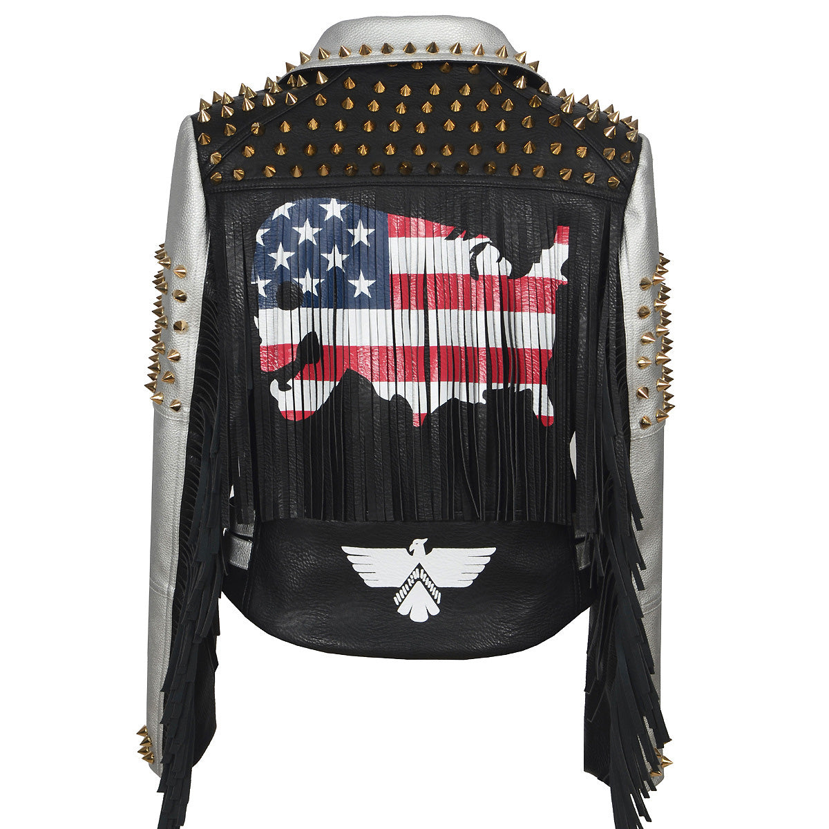 PU leather women's biker jacket with studs and fringe, featuring a USA flag design, perfect for edgy street style.