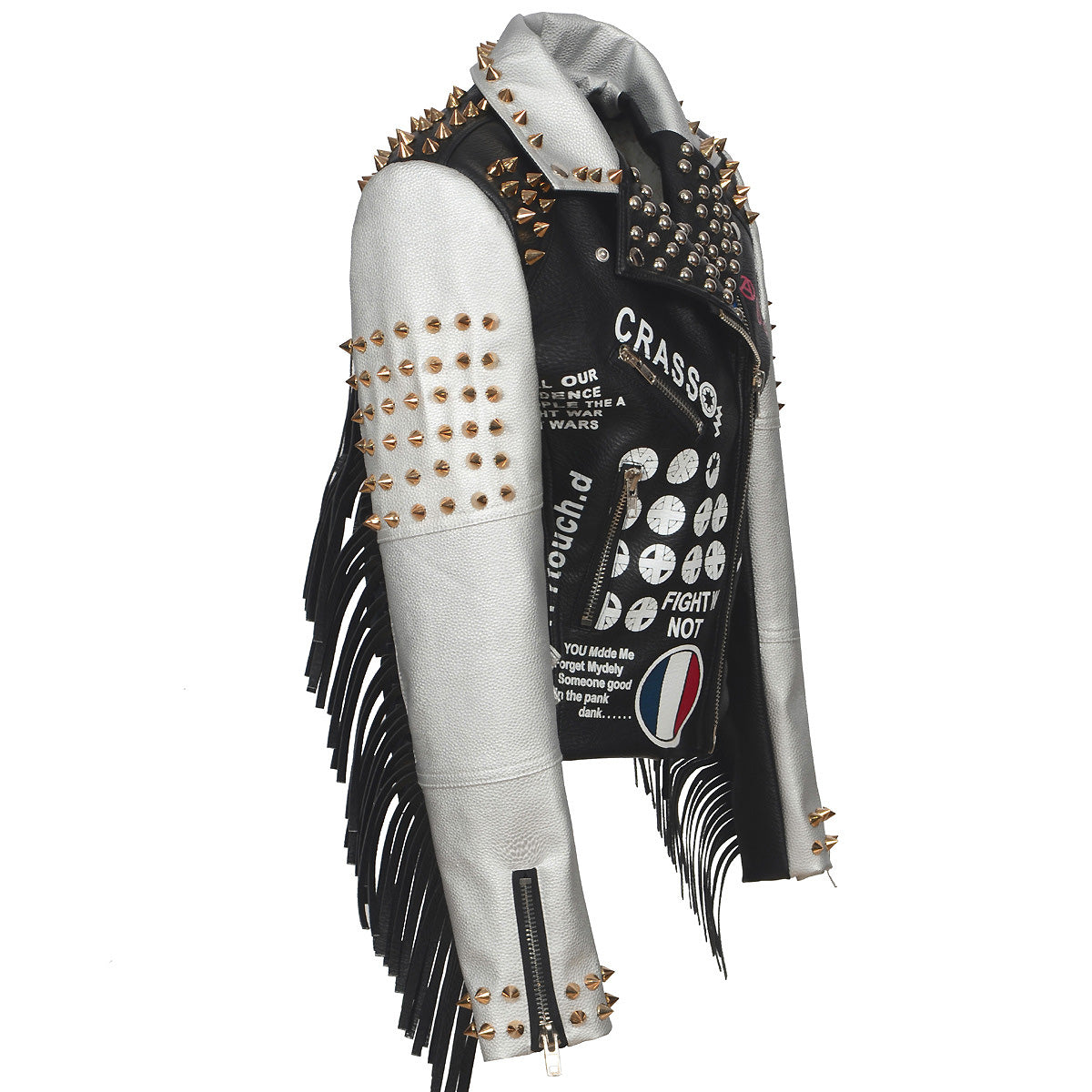 PU leather women's biker jacket with rivets and fringe, perfect for concerts and stylish outings.