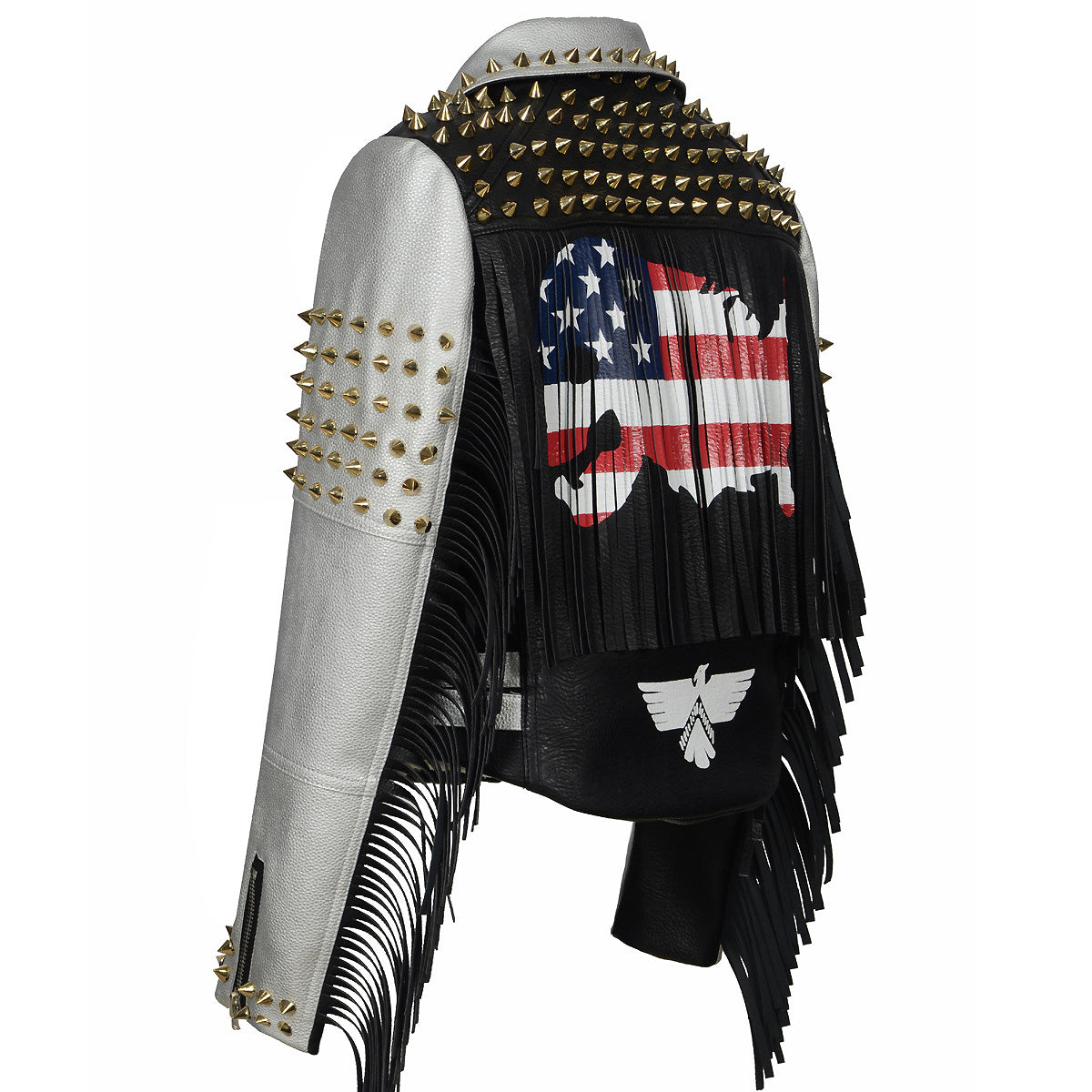 Stylish PU leather women's biker jacket with studs, fringes, and American flag design, perfect for concerts and riding.