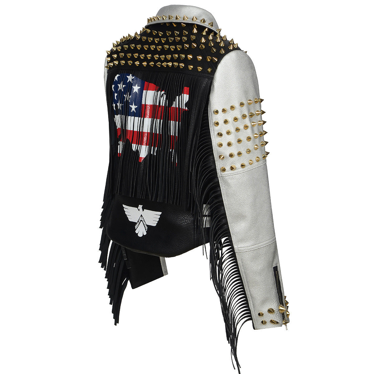 Stylish PU leather women's biker jacket featuring spikes, fringes, American flag design, ideal for edgy outfits.