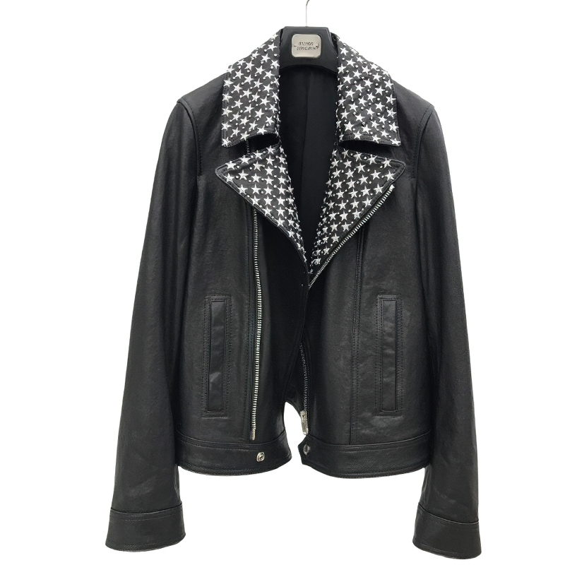 Pu Leather Women's Jacket with Pattern Stars / Short Zipper Jacket in Rock Style - HARD'N'HEAVY