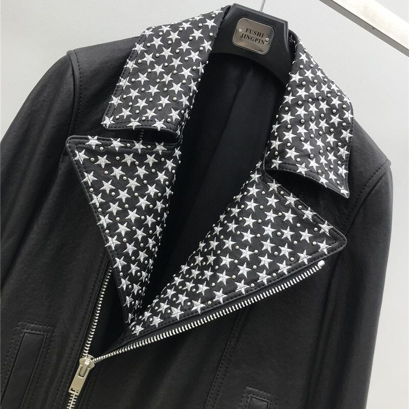 Pu Leather Women's Jacket with Pattern Stars / Short Zipper Jacket in Rock Style - HARD'N'HEAVY