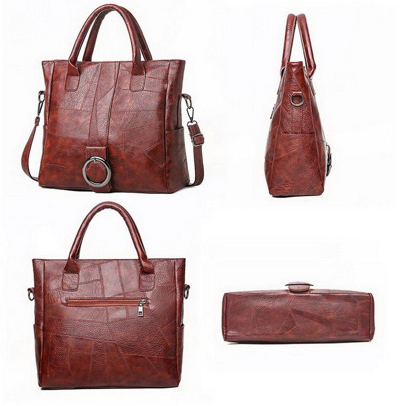 Vintage brown pu leather women's handbag with ring decoration, featuring a cell phone pocket and zipper inside.