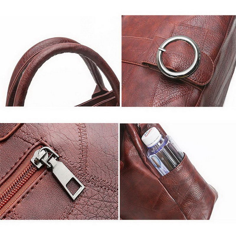 Close-up of a stylish brown pu leather handbag showcasing ring decoration, zipper, and side pocket for convenience.