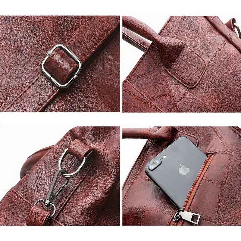Close-up of PU leather handbag features: buckle, zipper pocket, ring decoration, and phone compartment in brown.
