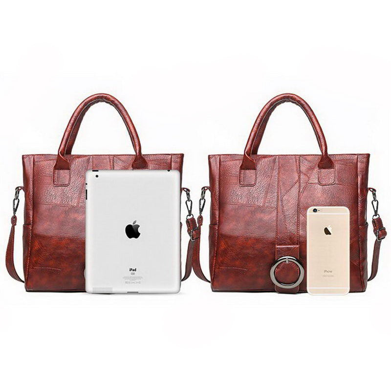 Brown pu leather women's retro handbag showcasing capacity with iPad and phone for travel and everyday use.