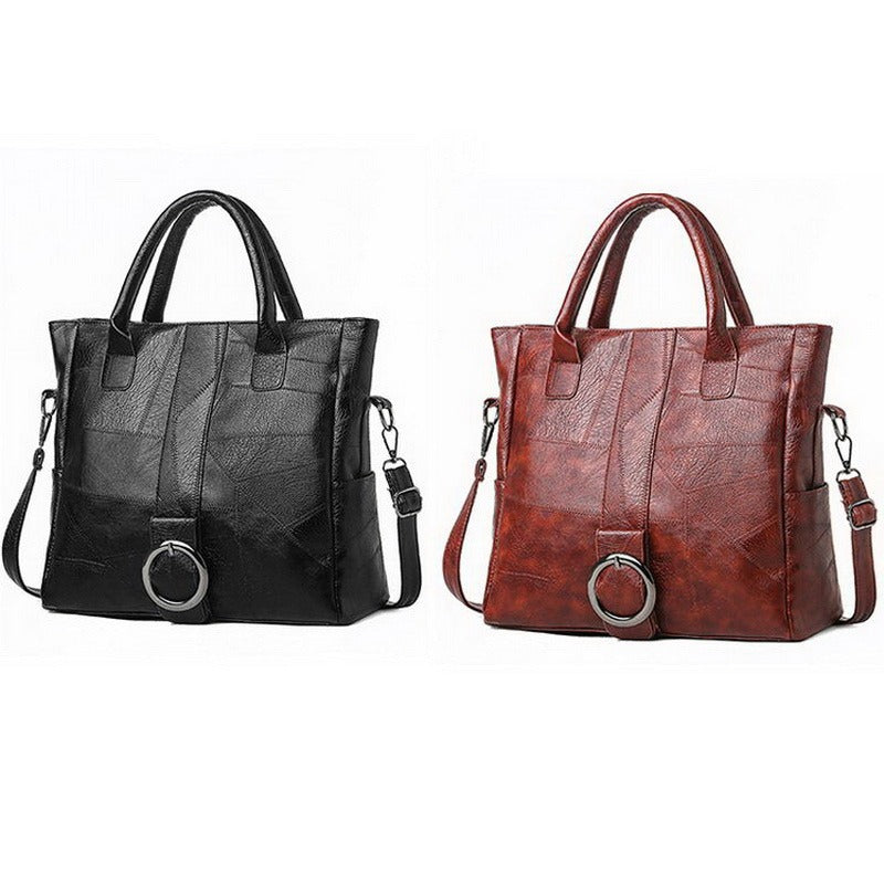 Pu leather women's retro handbag in black and brown, featuring a ring decoration and practical design for travel or daily use.