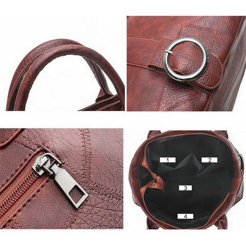 Close-up of brown retro pu leather women's handbag, showing ring decoration, zipper detail, and organized interior pockets.