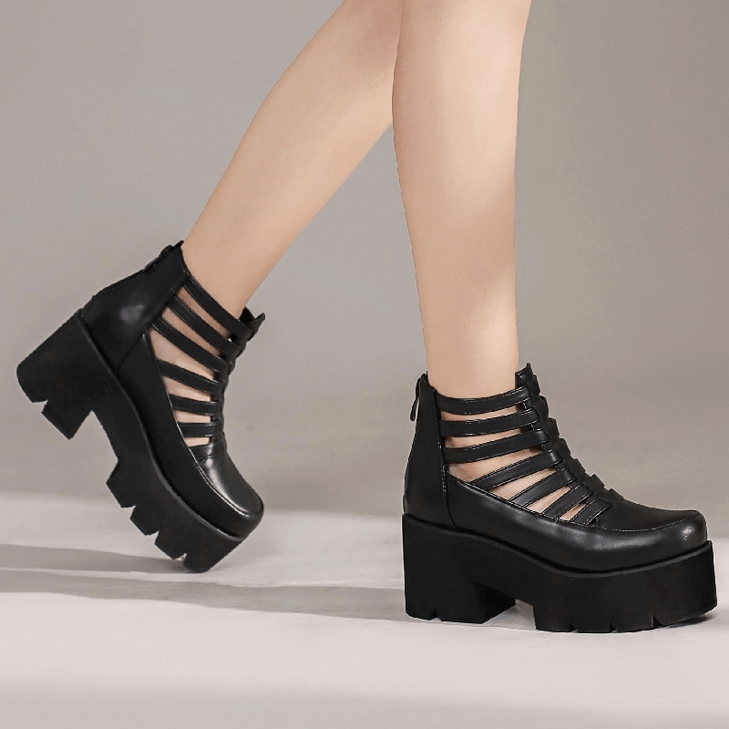 PU Leather Women's Sandals With Zipper / Cool Black Platforms / Vintage Heels For Girls - HARD'N'HEAVY