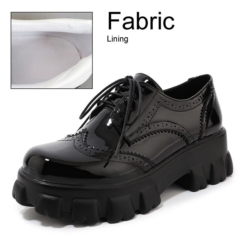 Stylish PU patent leather platform women's shoes with square heel, round toe, and unique lace-up design.