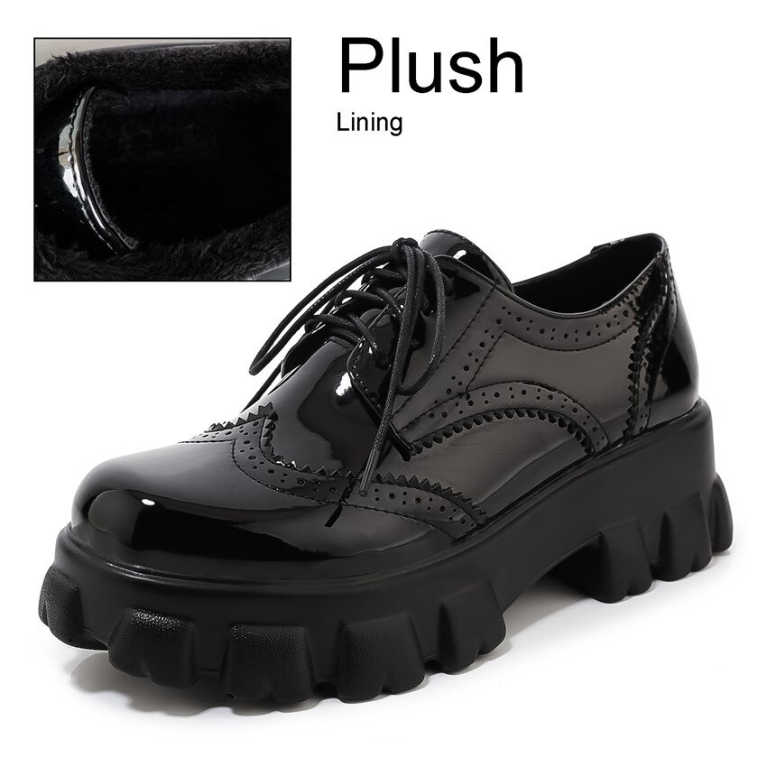 PU patent leather platform women's shoes with square heel, round toe, and plush lining in stylish black design.