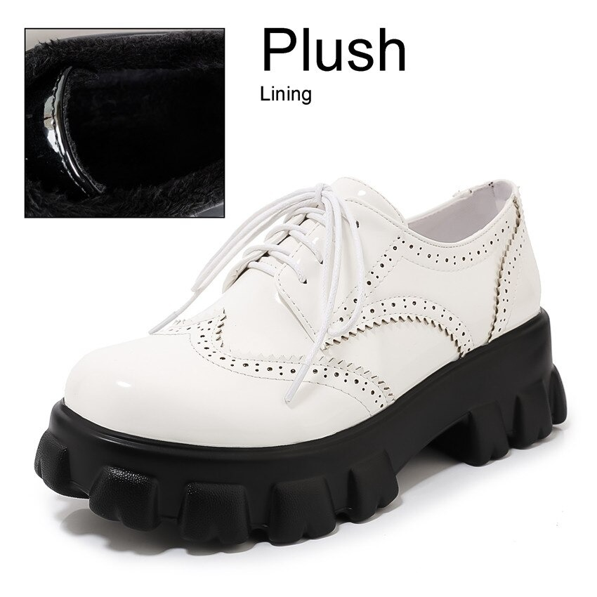 White PU leather platform shoes with square heel, round toe, and plush lining for trendy comfort in any season.