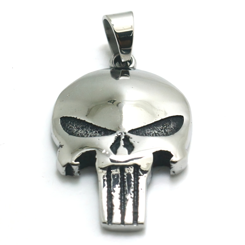 Stylish stainless steel Punisher skull pendant, perfect unisex rock jewelry for edgy outfits.