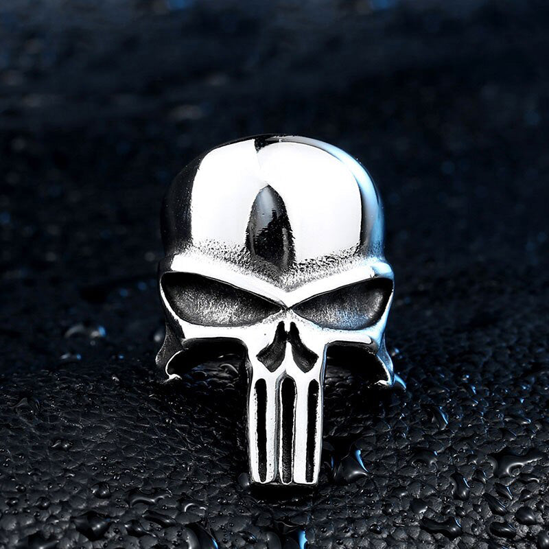 Punisher Skull Ring in polished stainless steel, perfect for rock style jewelry lovers and fans.