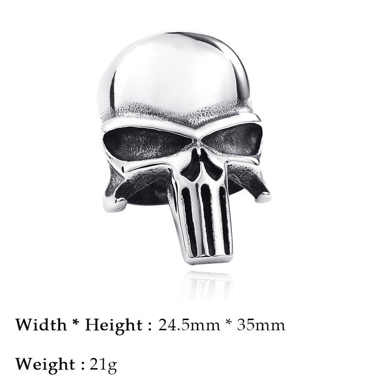Punisher Skull Ring in polished stainless steel, measuring 24.5mm x 35mm, ideal for fans of rock style fashion jewelry.