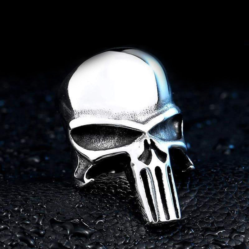 Punisher skull ring in polished stainless steel, perfect rock style fashion jewelry for fans and collectors.