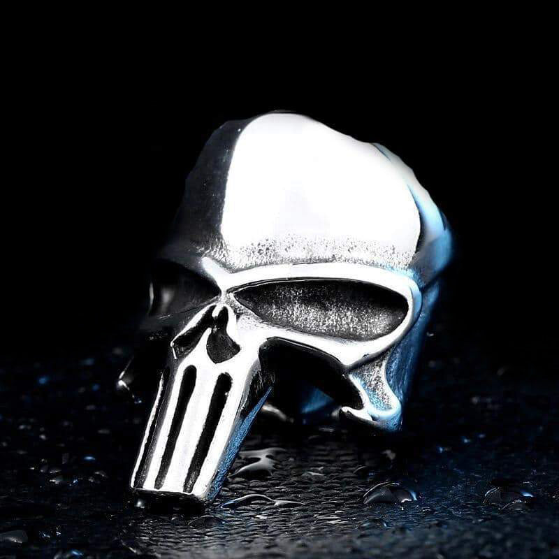 Punisher skull ring in polished stainless steel, perfect for rock style fashion lovers and superhero fans.
