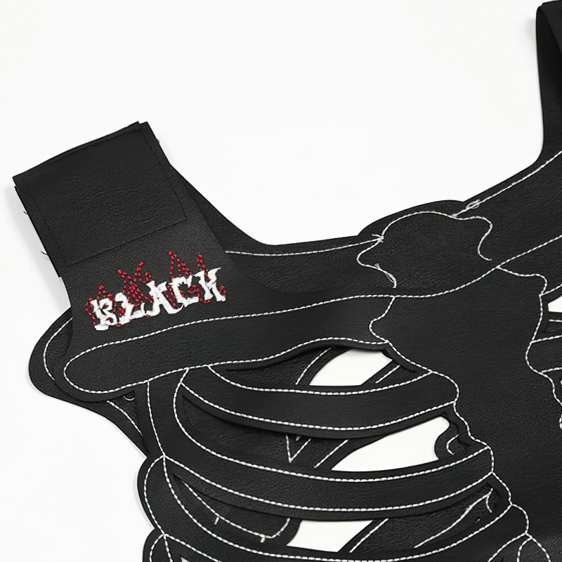 Close-up of punk adjustable skeleton vest highlighting the black fabric and skeleton design details.