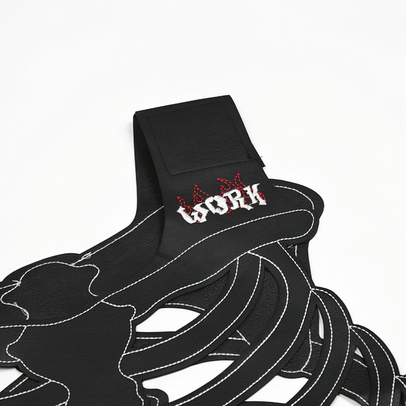 Close-up of black adjustable skeleton vest with "WORK" embroidery, perfect for punk and gothic fashion enthusiasts.